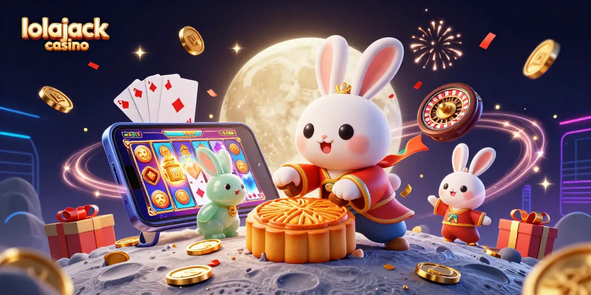 Lolajack casino scene featuring a moon rabbit with poker chips on a lunar surface, celebrating with casino games.