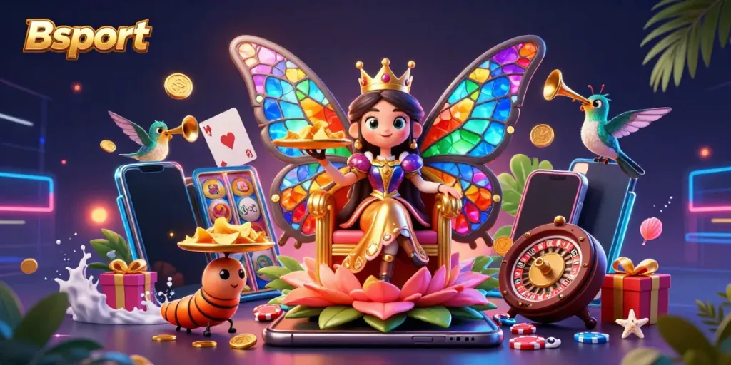 Engage in thrilling gameplay with Bsport's enchanting 3D illustration of a butterfly queen amidst casino elements.