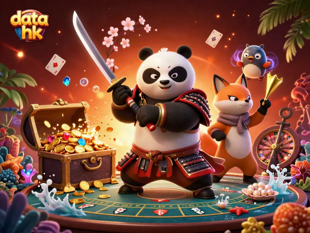 Ilustrasi kasino yang dinamis dengan panda samurai dan rubah ninja sambil menunjukkan data hk dan permainan judi