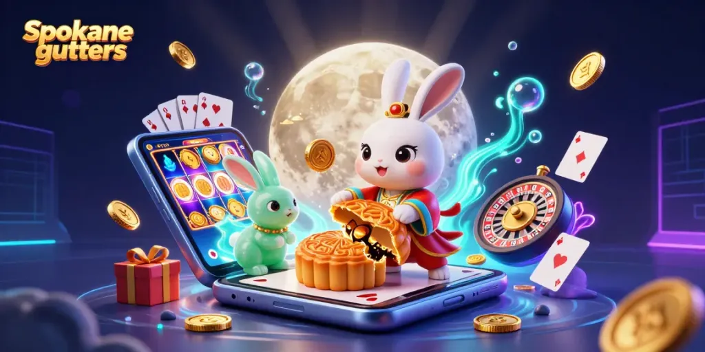 Engage in Spokane gutters gaming excitement with vibrant casino elements and whimsical characters.