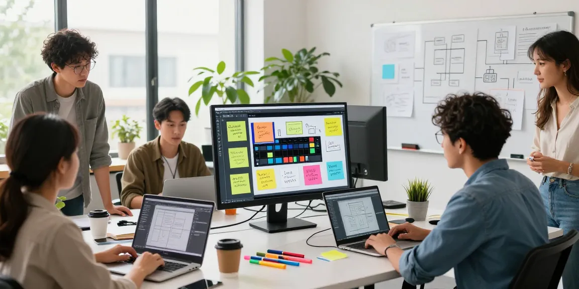 Diverse team collaborating on a digital mixboard in a creative workspace.