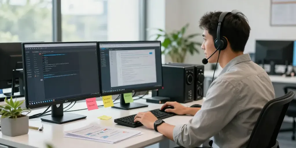 Hotmail support Canada technician assisting customers in a modern office environment.