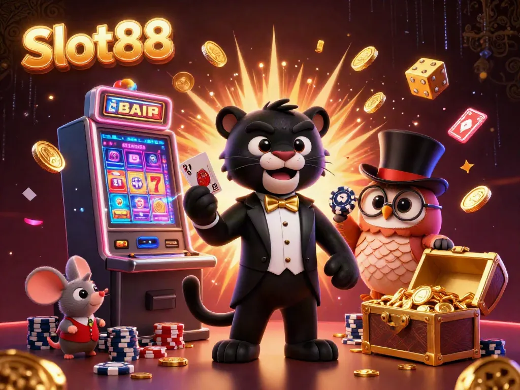 Spin to win at Slot88 with a stylized black panther and friends amidst a jackpot explosion.