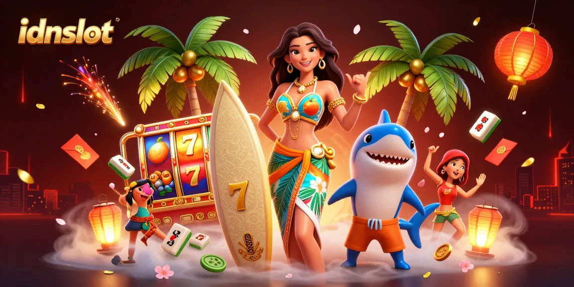 Engage with idnslot by spinning vibrant slot reels amid a beach-themed celebration.