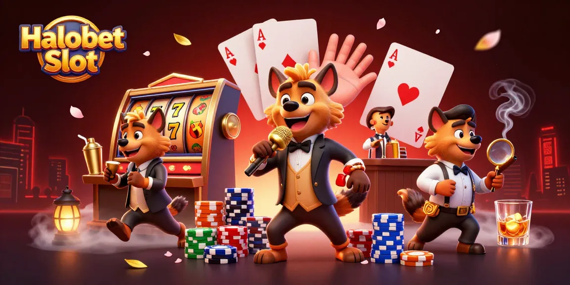 Permainan Halobet Slot yang penuh warna dengan kartun hyena beraksi di kasino, menampilkan komika dan bartender.