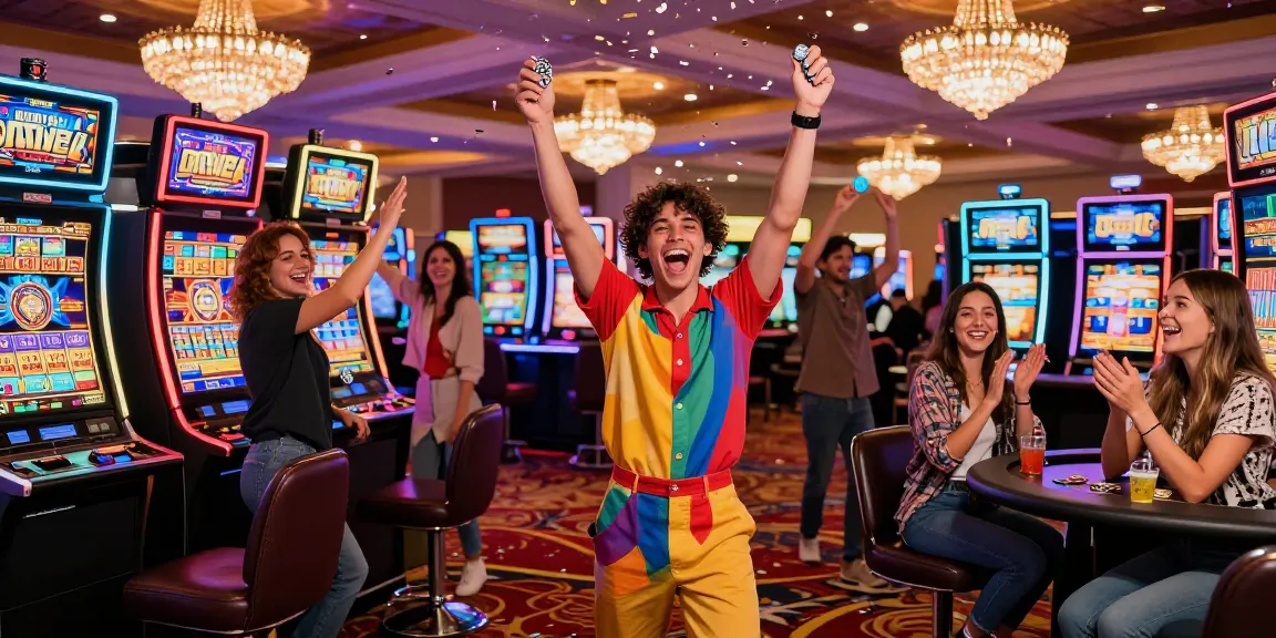 Friends celebrating a slot jackpot win at a vibrant casino, joyful atmosphere.