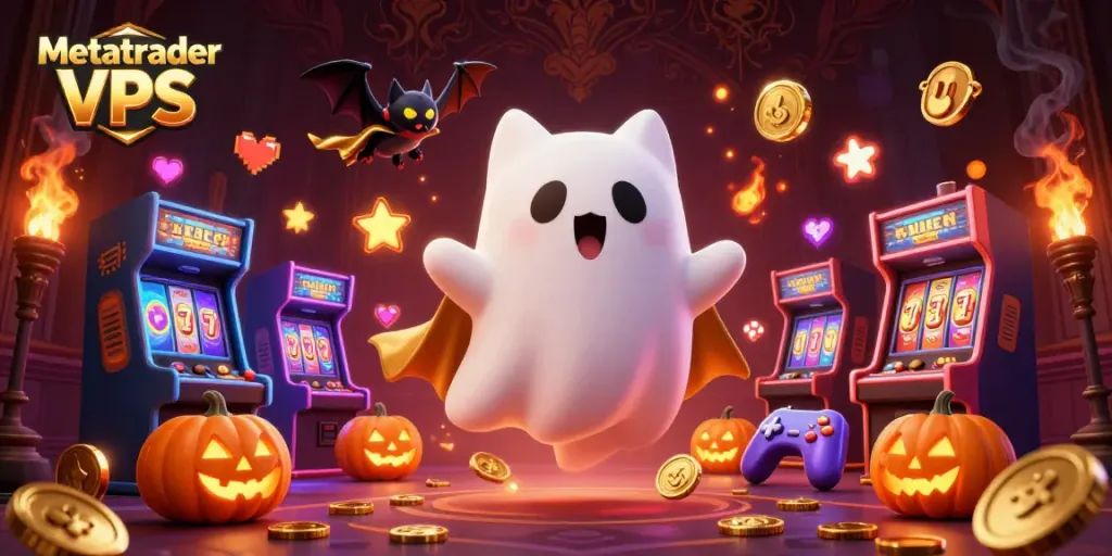 Engage with Metatrader VPS in a vibrant haunted casino scene featuring a ghost cat and a bat.