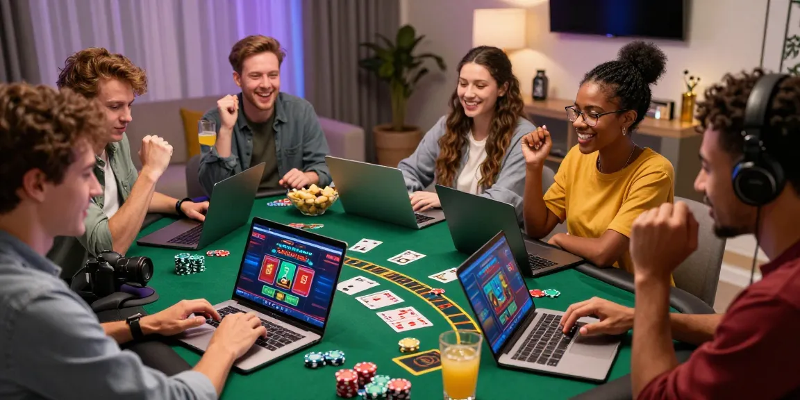 Des amis célébrant une victoire en jouant au casino en ligne dans un salon confortable.