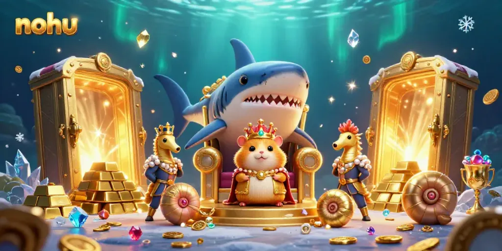 Nohu highlights a casino scene with a golden hamster king and treasure amidst vibrant jewels.