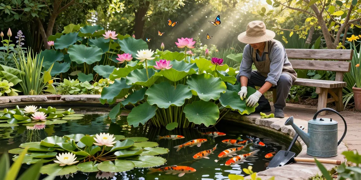 Pond plants in a tranquil garden pond with a gardener tending vibrant foliage and blooming water lilies.