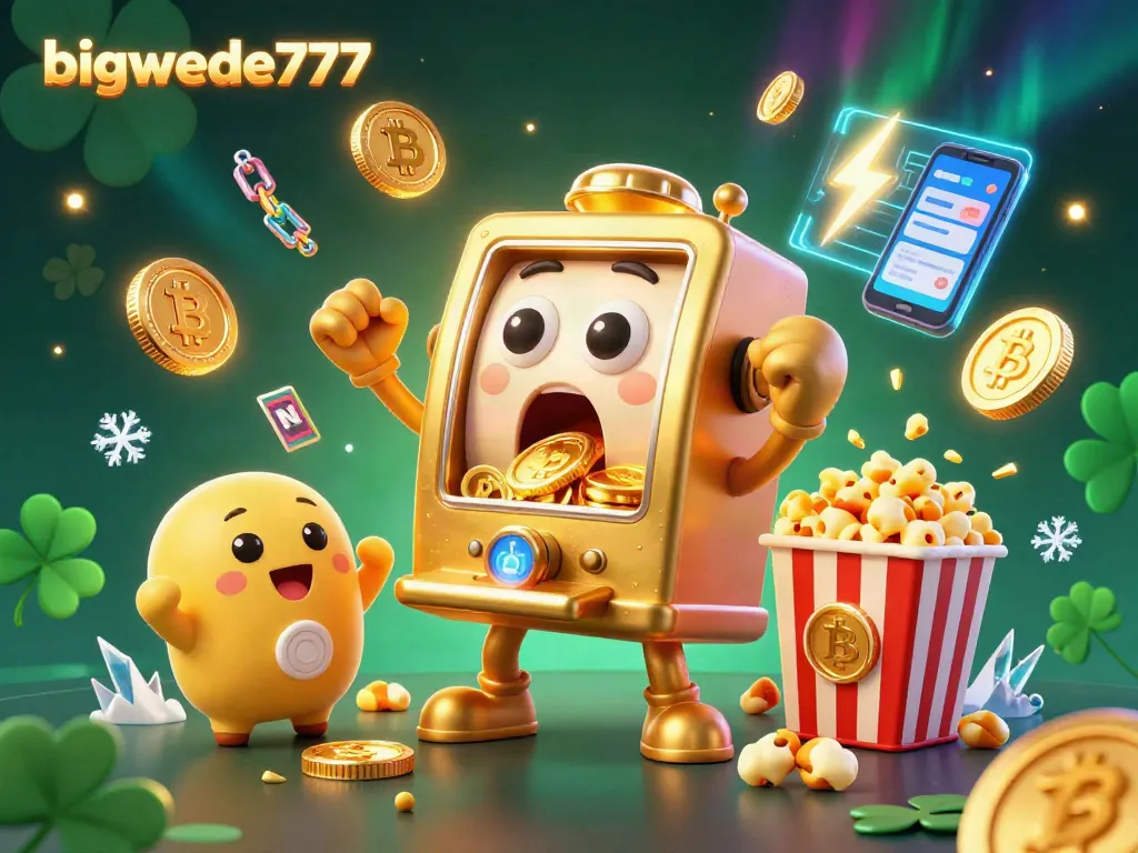 Bigwede777 slot machine triumphantly winning a jackpot, surrounded by cheering baby slots and crypto elements.