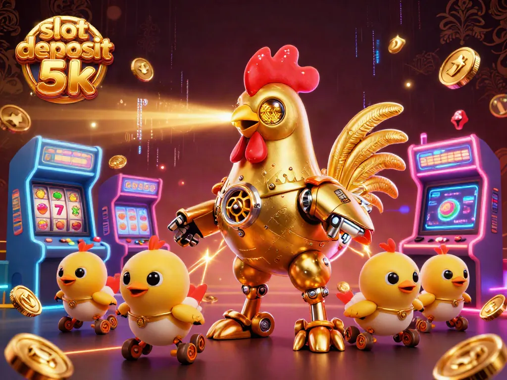 Engage in thrilling action with slot deposit 5k featuring golden rooster robot and arcade games.