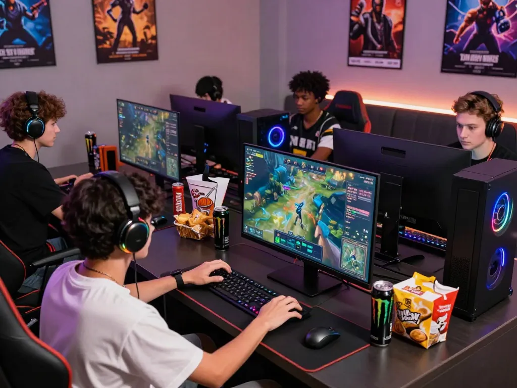 Players intensely engaged in game online strategy in a vibrant gaming lounge.