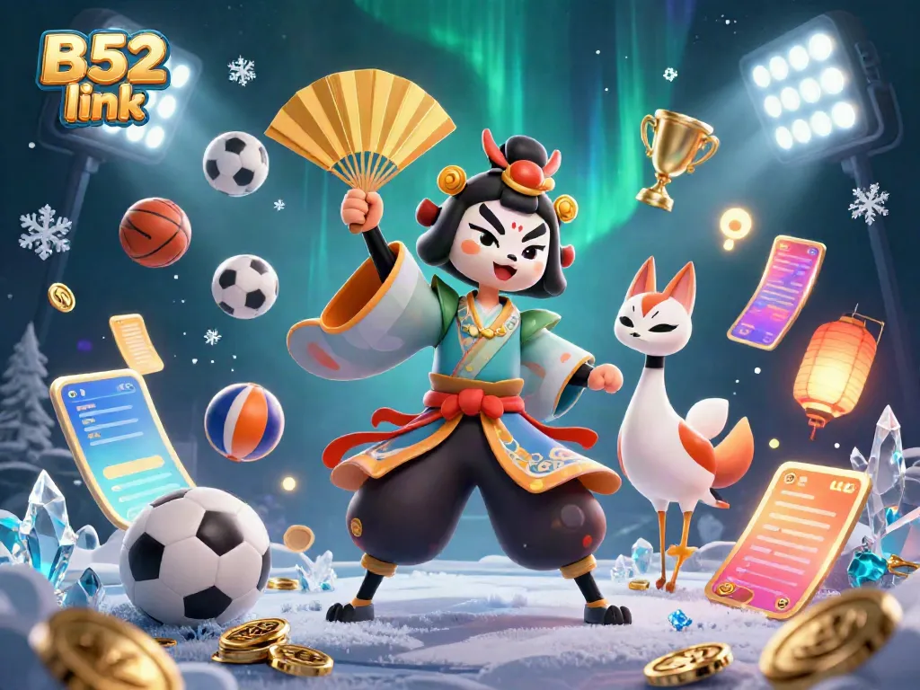 Engage with B52 link in this vibrant scene featuring a kabuki warrior and sports elements.