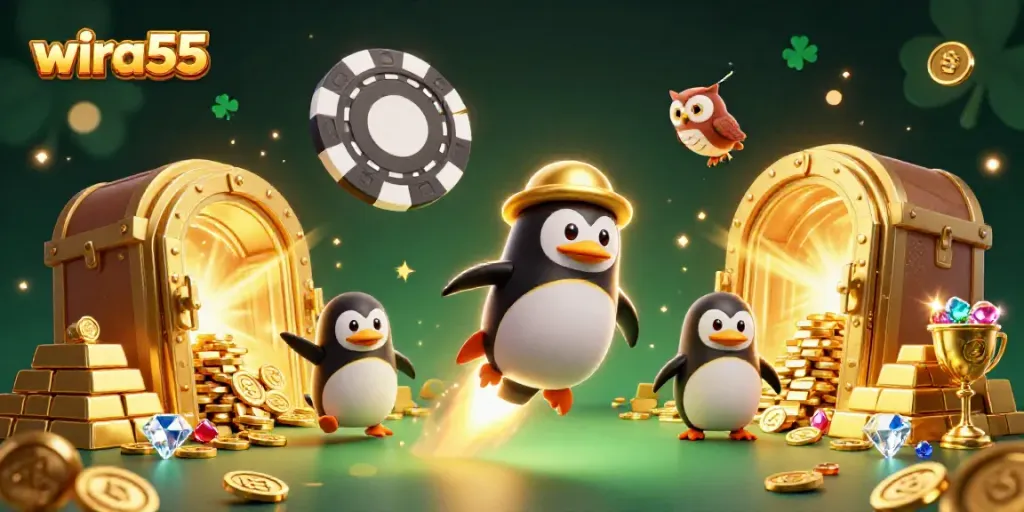 Menangkan hadiah besar dengan wira55, penguin emas bersinar dan melambungkan koin di kasino luar angkasa.
