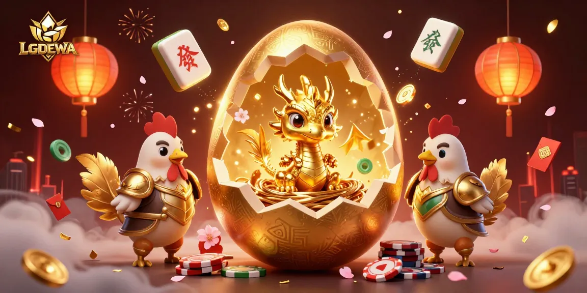 Win big with LGODEWA's captivating 3D illustration of a golden dragon and poker chips.