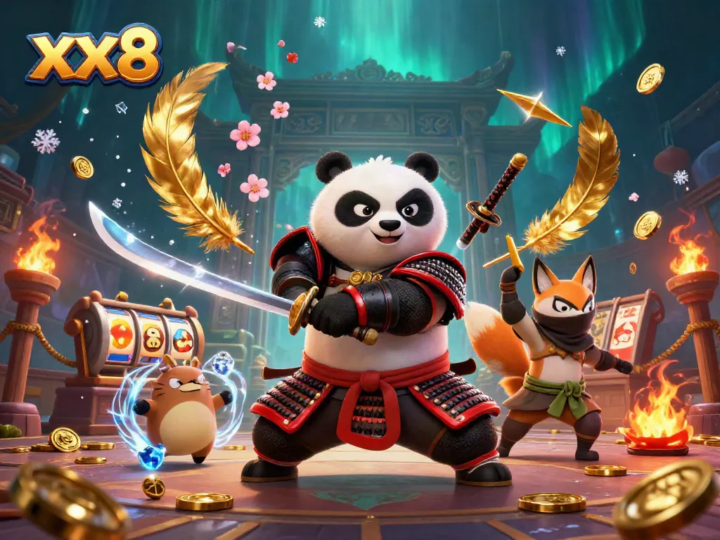 Experience thrilling wins at xx8 in a dynamic, vibrant casino scene with samurai panda and fox.