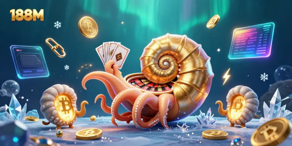 Engage with thrilling gameplay at 188M with a giant nautilus as a roulette wheel adorned with vibrant casino elements.