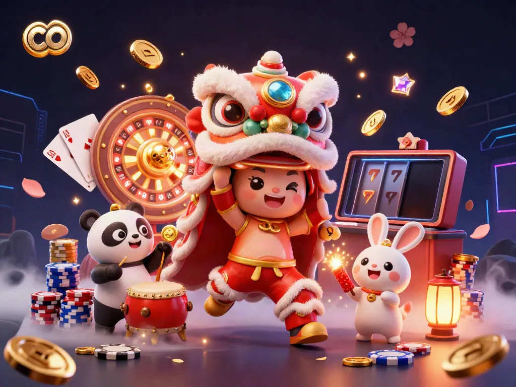 Celebrate wins in 2026's co-themed casino with golden coins and vibrant characters.