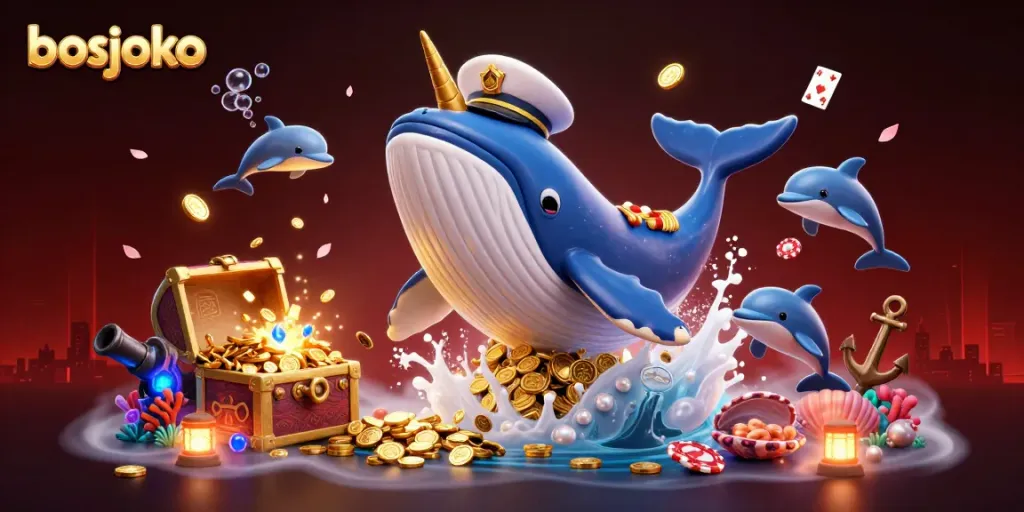 Experience the thrill of bosjoko as a vibrant 3D whale and companions celebrate winning in a sea of coins.