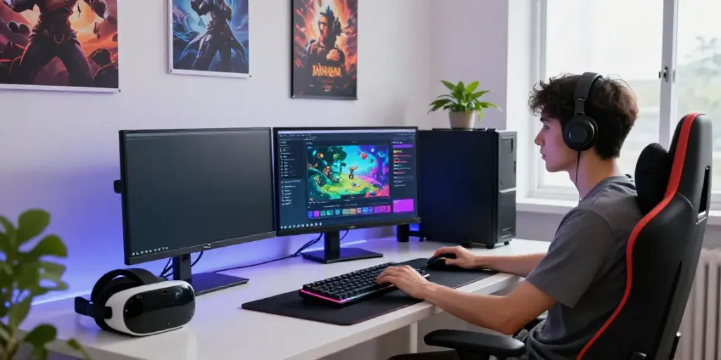 Erigo4D gaming design workspace with vibrant monitors and gear.