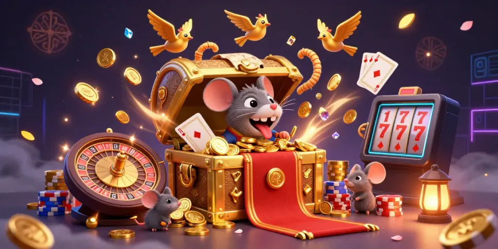 BOLASLOT88 promises immense rewards with a vibrant scene of treasures and games, capturing the excitement of online gambling.