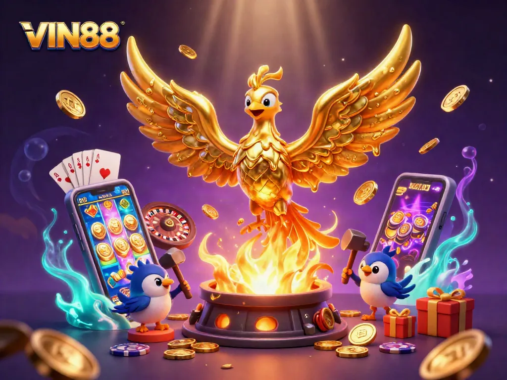 Experience the excitement of VIN88's molten gold phoenix emerging in a vibrant casino scene.