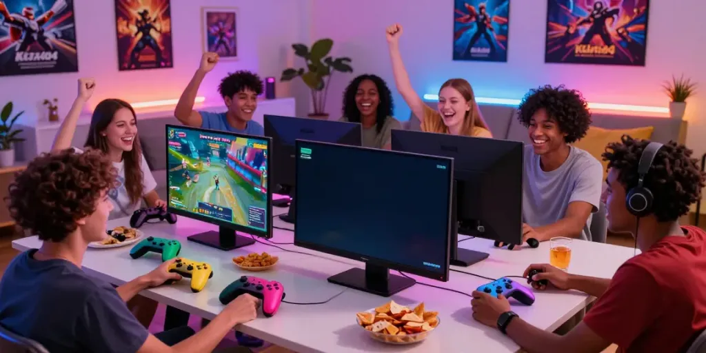 Kilat404 gaming fun with friends, engaging in multiplayer excitement and colorful snacks.