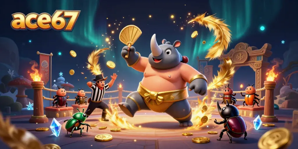 Experience ace67 with a dynamic scene of a rhinoceros beetle winning in a casino arena.