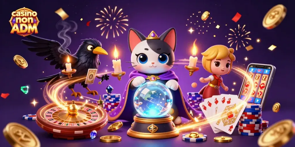Visuale suggestiva di casino non ADM con elementi di gioco, simboli di vincita e atmosfera festosa.