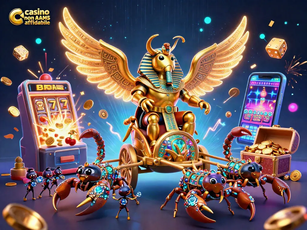 Gioca nei casino non AAMS affidabili con uno scarabeo dorato che guida una giostra, circondato da macchine e simboli di gioco.
