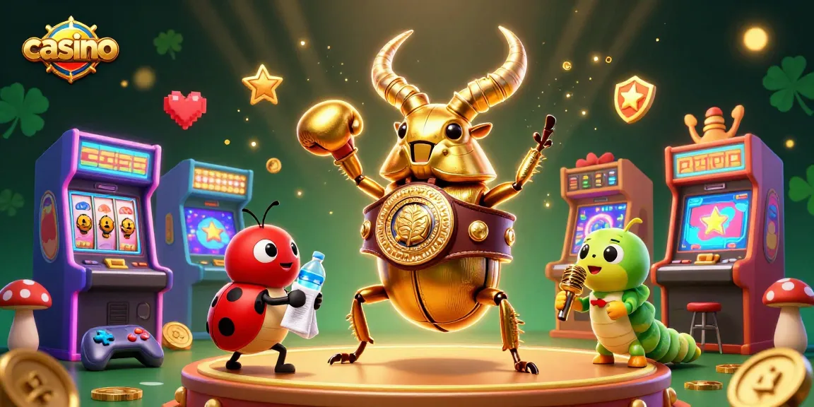 Engage in thrilling casino excitement with a dynamic scene of a golden stag beetle and friends amidst slot machines and game elements.
