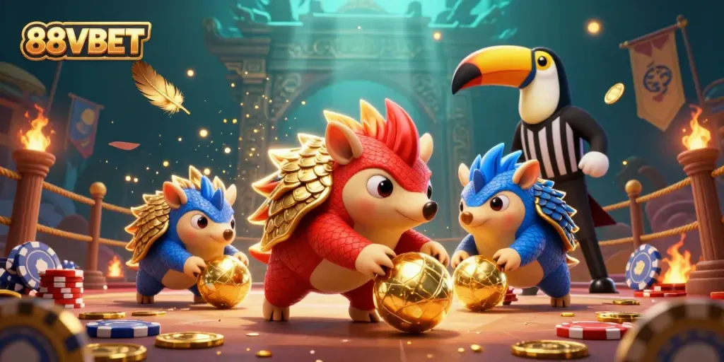 Engaging scene of pangolins competing with poker chips emphasizing 88VBET gaming excitement.