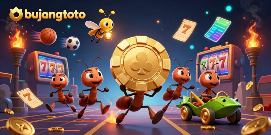 Bujangtoto showcases a thrilling scene of ants stealing a giant poker chip surrounded by vibrant gaming elements.