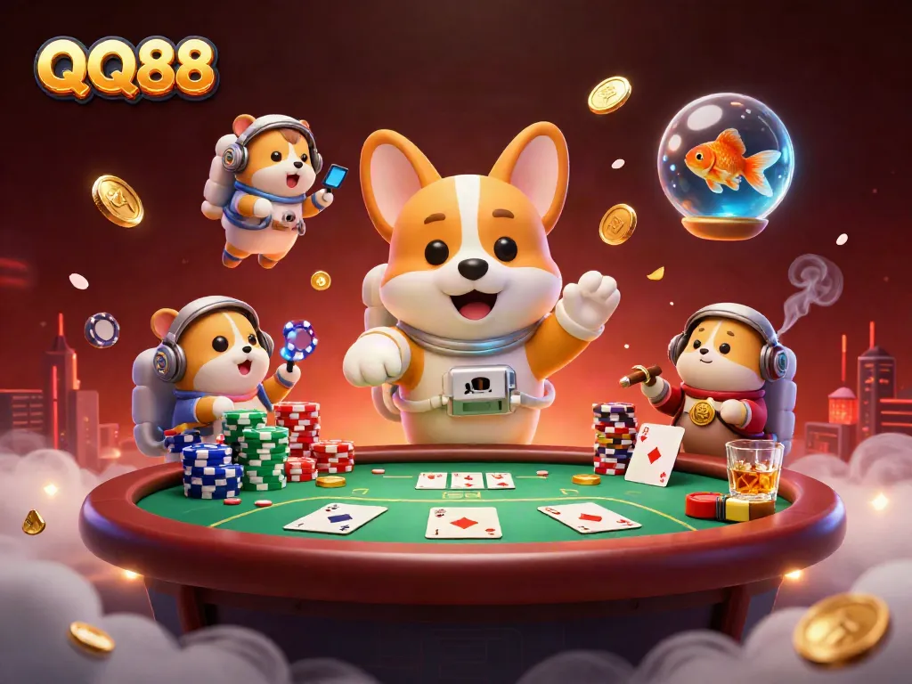 Engage in thrilling QQ88 casino adventures with a floating corgi, coins, and cards.
