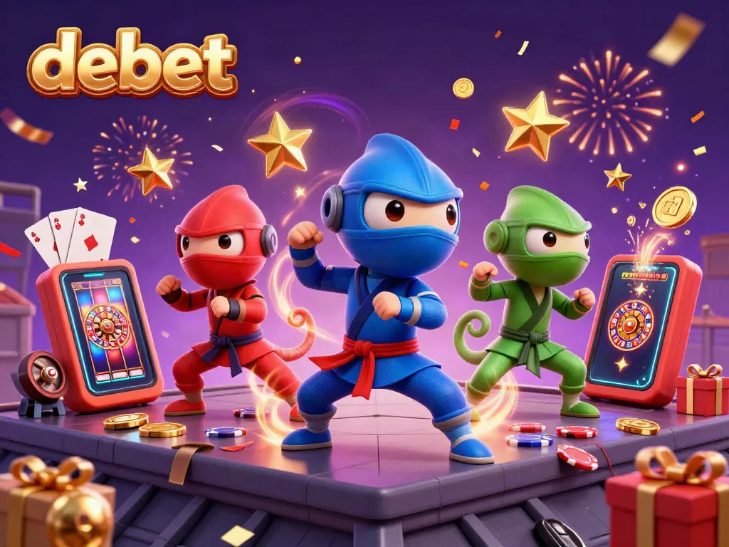 Experience exciting gameplay with debet in a vibrant 3D illustration featuring ninja chameleons and slot games.