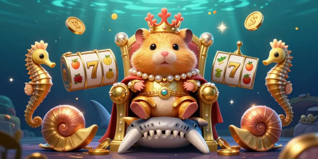 Slot mesin dengan raja hamster emas mengenakan mahkota koral dan dijaga oleh penjaga kuda laut.