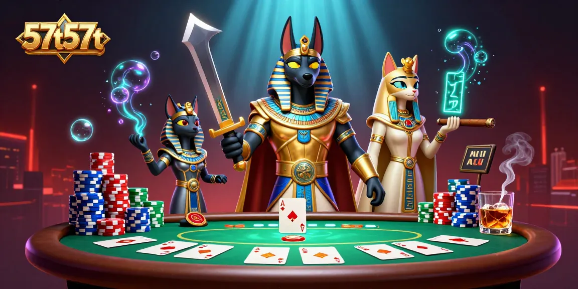 Experience the thrill of poker with 57t57t featuring Anubis and Bastet in a vibrant casino setting.