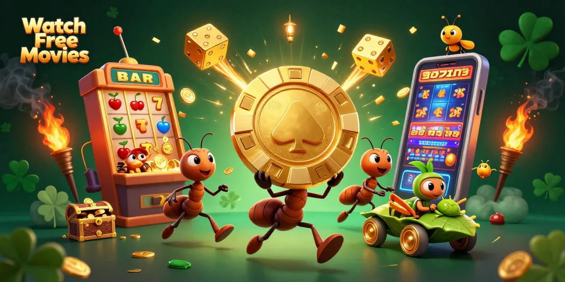 Watch Free Movies alongside a dynamic heist scene with cartoon ants amidst casino treasures.