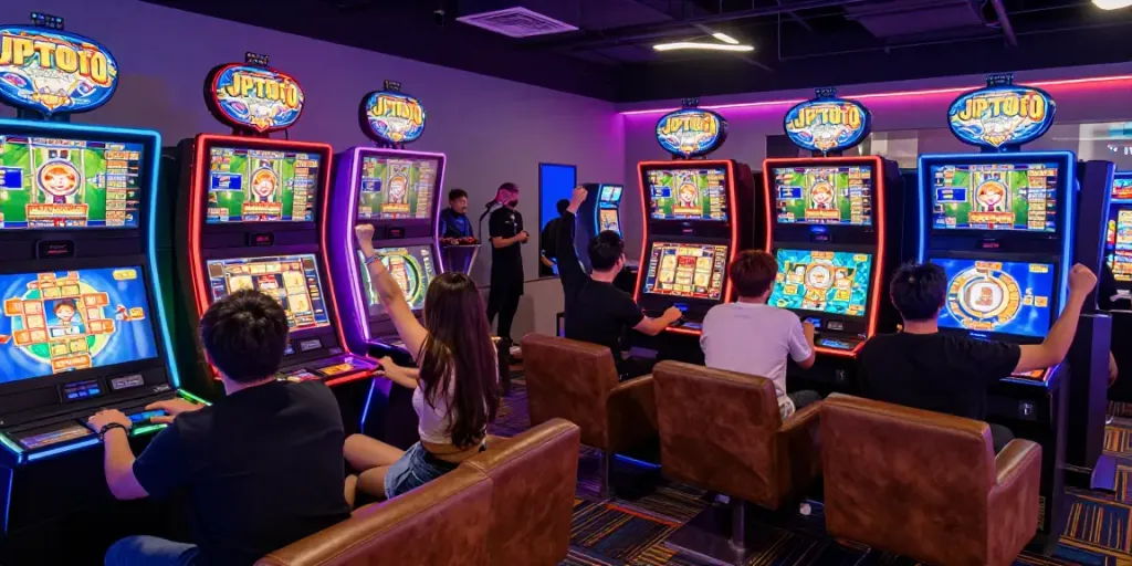 Pengalaman bermain mesin jackpot di JPTOTO dengan pemain merayakan kemenangan.