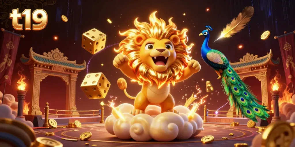 Experience the excitement of t19 with a triumphant lion and dynamic casino elements in a vibrant 3D scene.