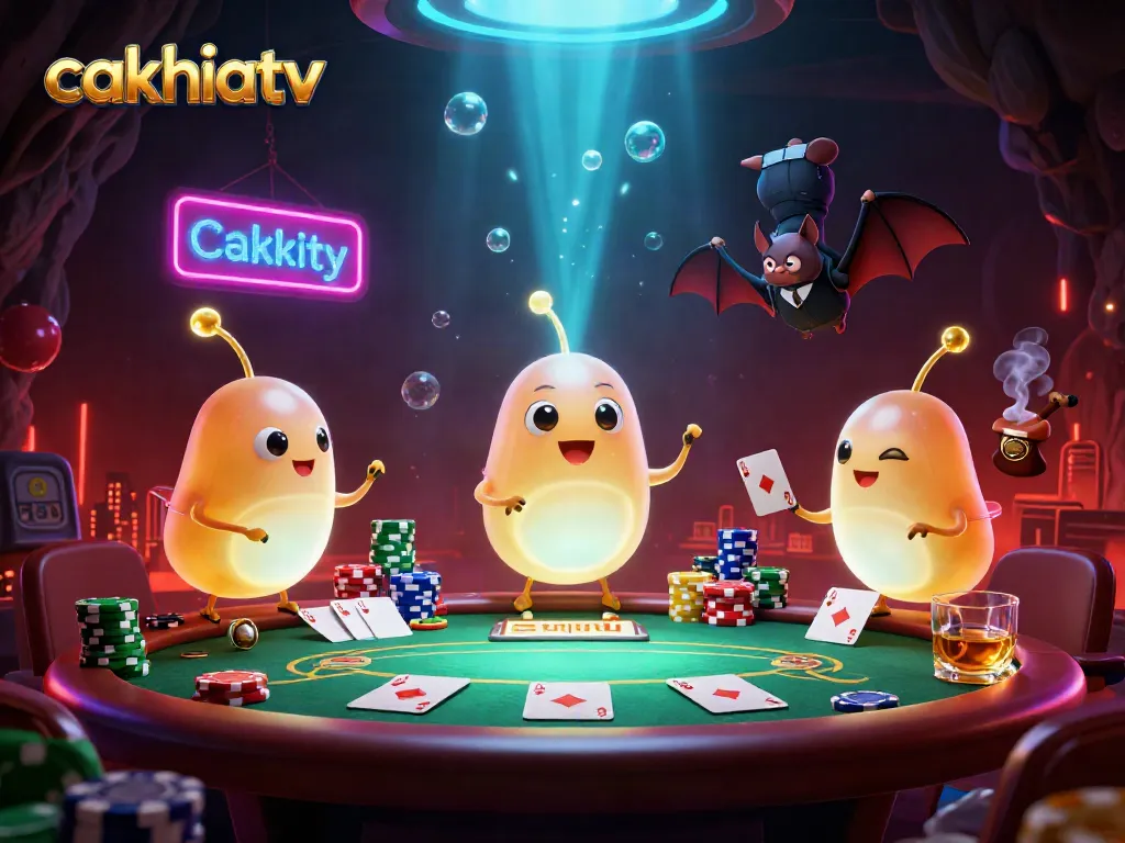 Cakhiatv illuminates an exciting online casino scene with glowing glowworms and poker elements.
