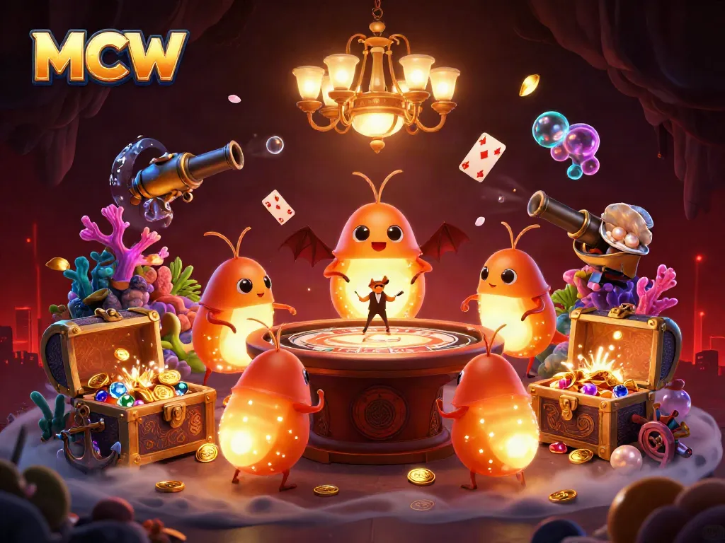 MCW casino glowworms illuminate vibrant cave setting with floating cards and treasure.