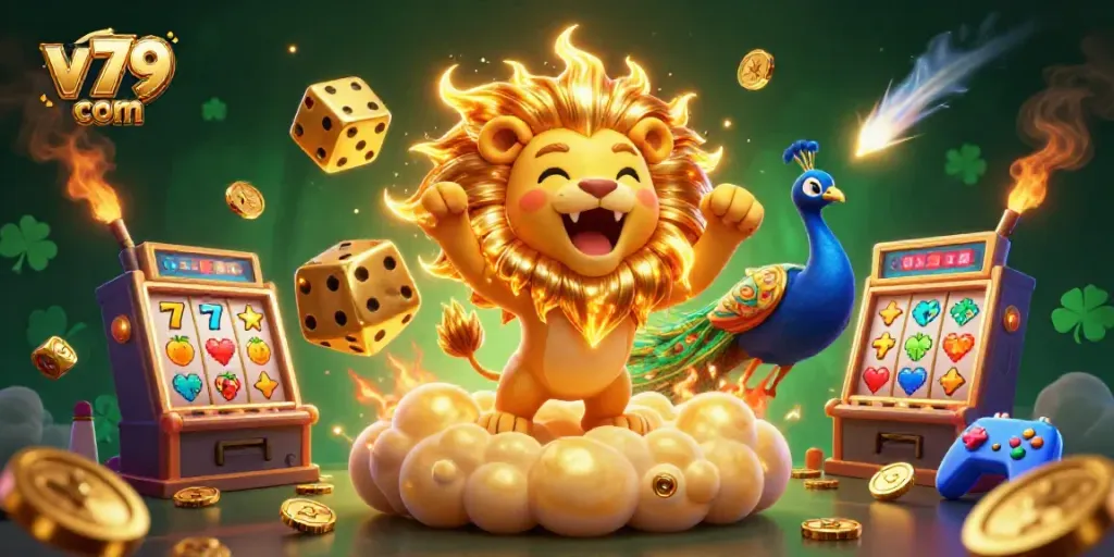 Spin the reels of luck with v79 com, featuring golden dice and cartoon sun lion in a vibrant casino scene.