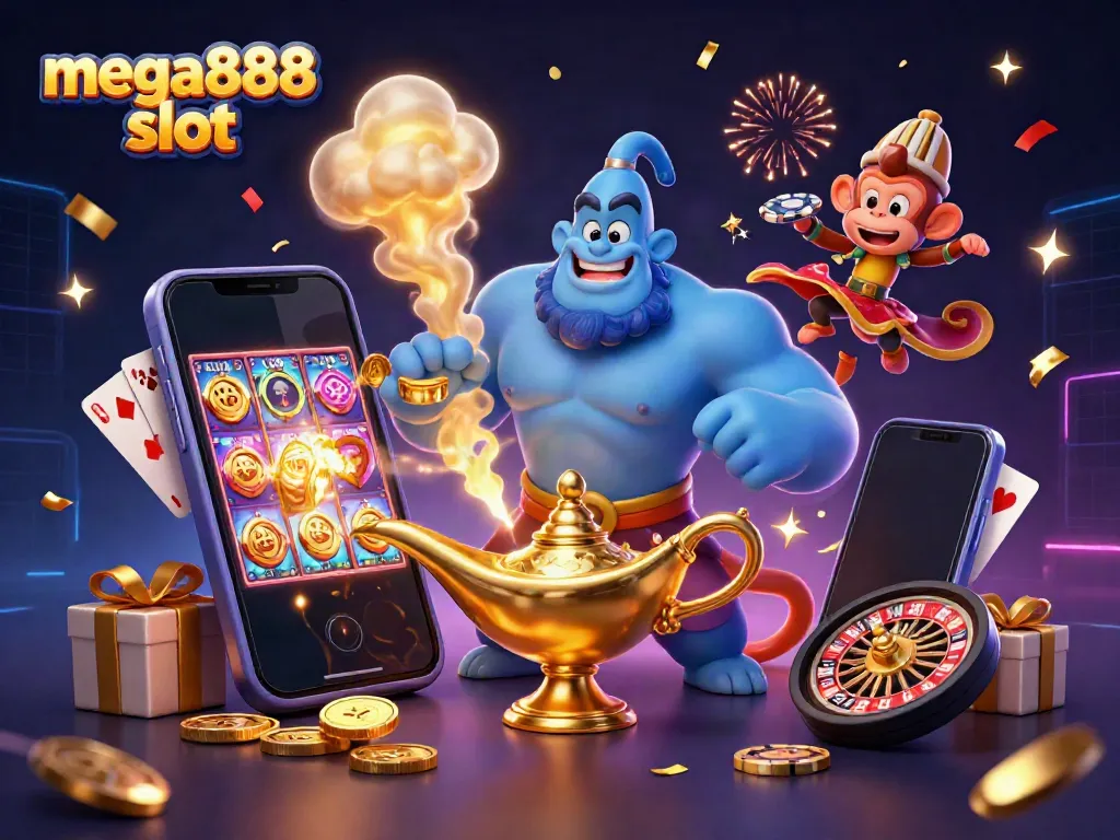Engage in the mega888 slot experience with animated characters and vibrant casino elements.