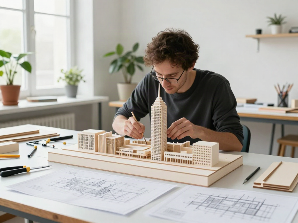Architektur Modellbau Berlin: Modellbauer arbeitet an einem präzisen Stadtmodell im hellen Atelier.