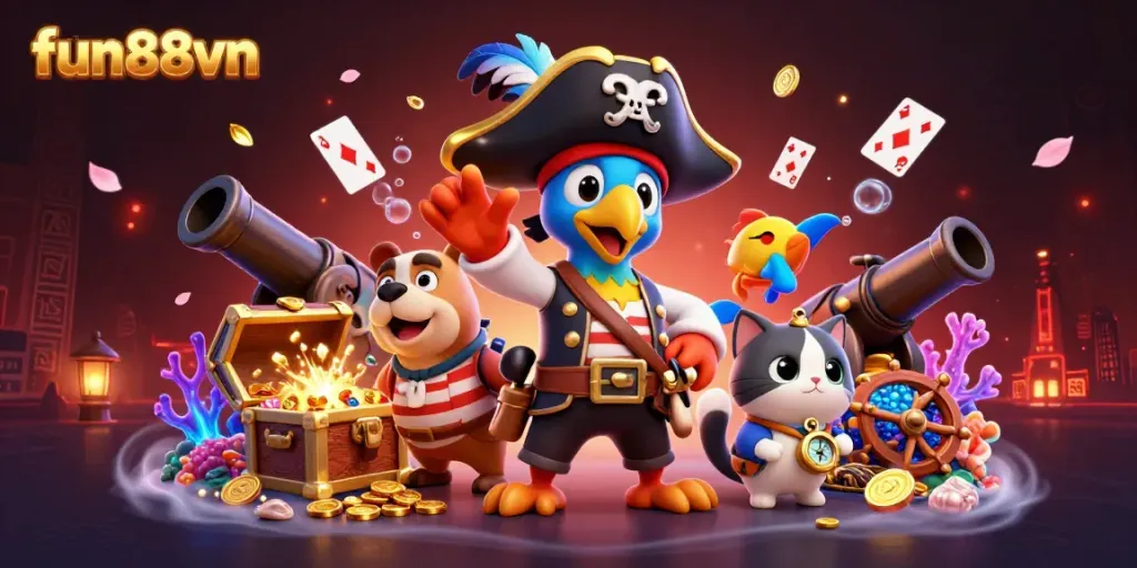 Experience exciting adventures with fun88vn in this 3D casino-themed illustration featuring lively characters and vivid game elements.