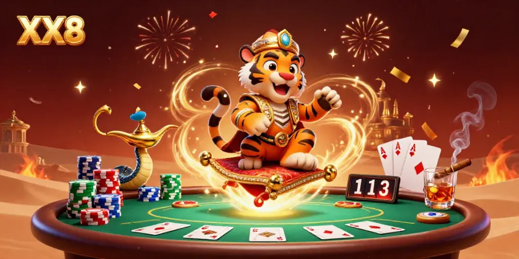 Engage with the vibrant scene of XX8, showcasing a tiger sultan and a genie in a rich casino atmosphere.