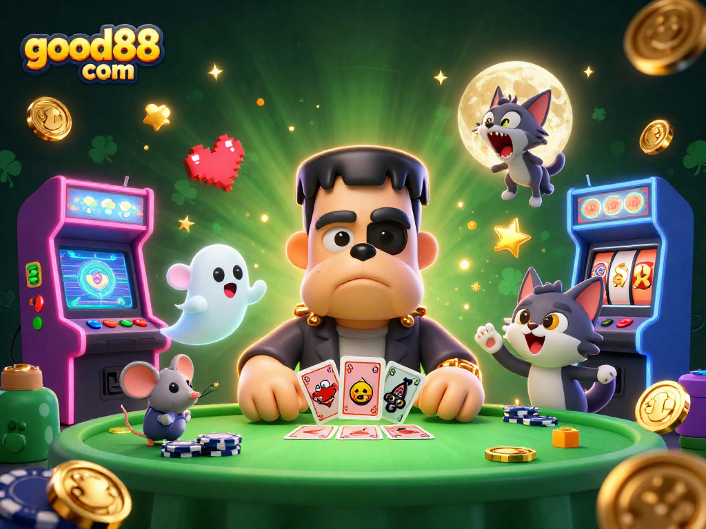 Experience thrilling gaming action with good88 com as a 3D cartoon bulldog deals cards at a spooky casino table.