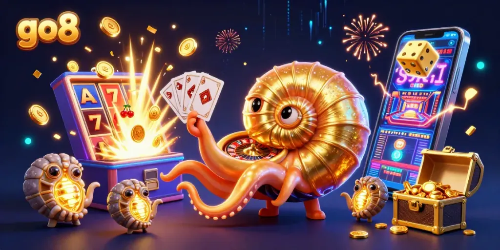 Engage with go8 casino experiences through a vibrant 3D illustration of excitement and winning.